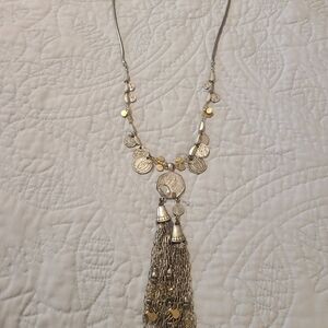 Chico's Gold and Silver Coin Tassel Necklace